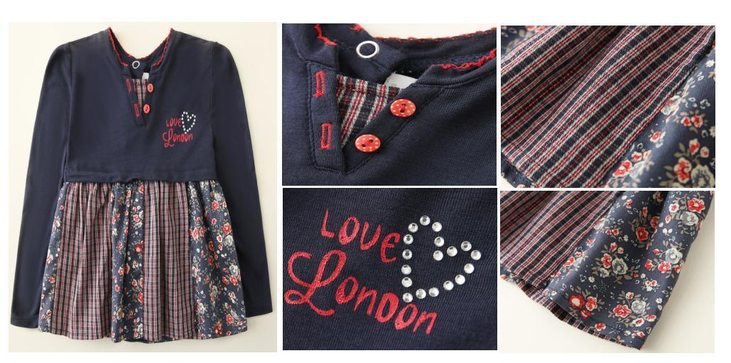 Children Kids Clothes Girl Knit Solid and Woven Printing Dress with Print and Hot Drill