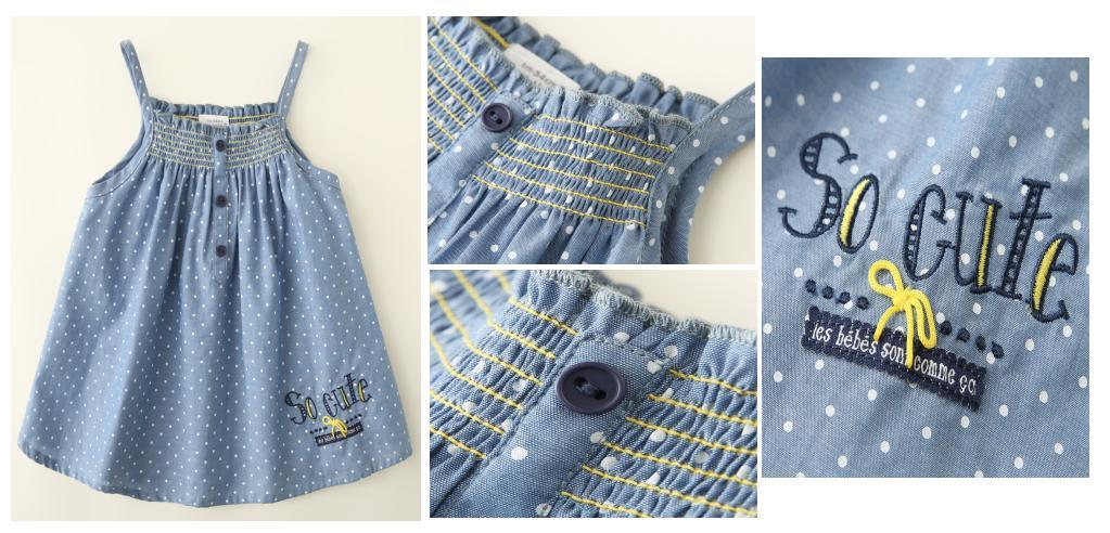 Children Clothes Girl Woven Denim Dress with Printed Dots and Embroidery