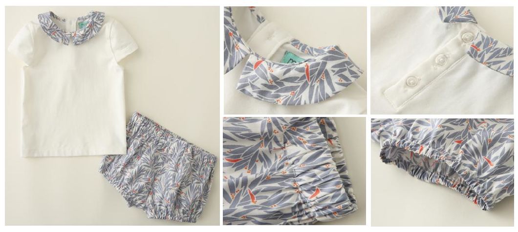 Boy Baby Suit Clothes Made of White Top with Back Snap Placket Print Collar Pant