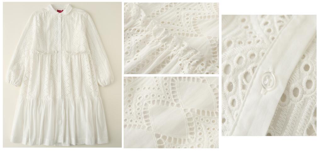 Girl Kids White Woven Embroidery Dress Clothes with Front Button Placket