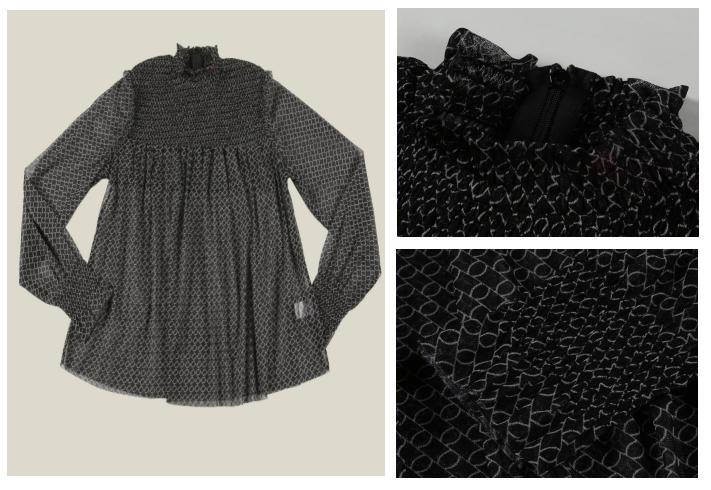 Children 2022 Clothes Kids Girl Black Thin Woven Top with Collar and Pleat at Yoke