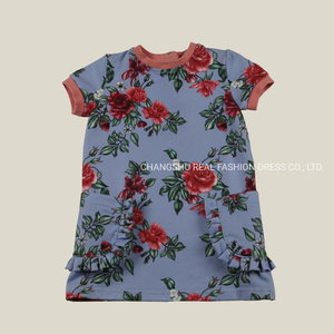 Children Clothes Girl Kids Knitted Blue Ground Red Flower Print Top Wear with Orange Neck and Cuff