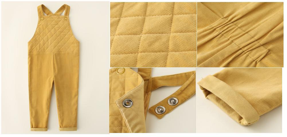 Children Clothes Boy Kids Yellow Corduroy Suspender Pant Wear with Quilting Stitching