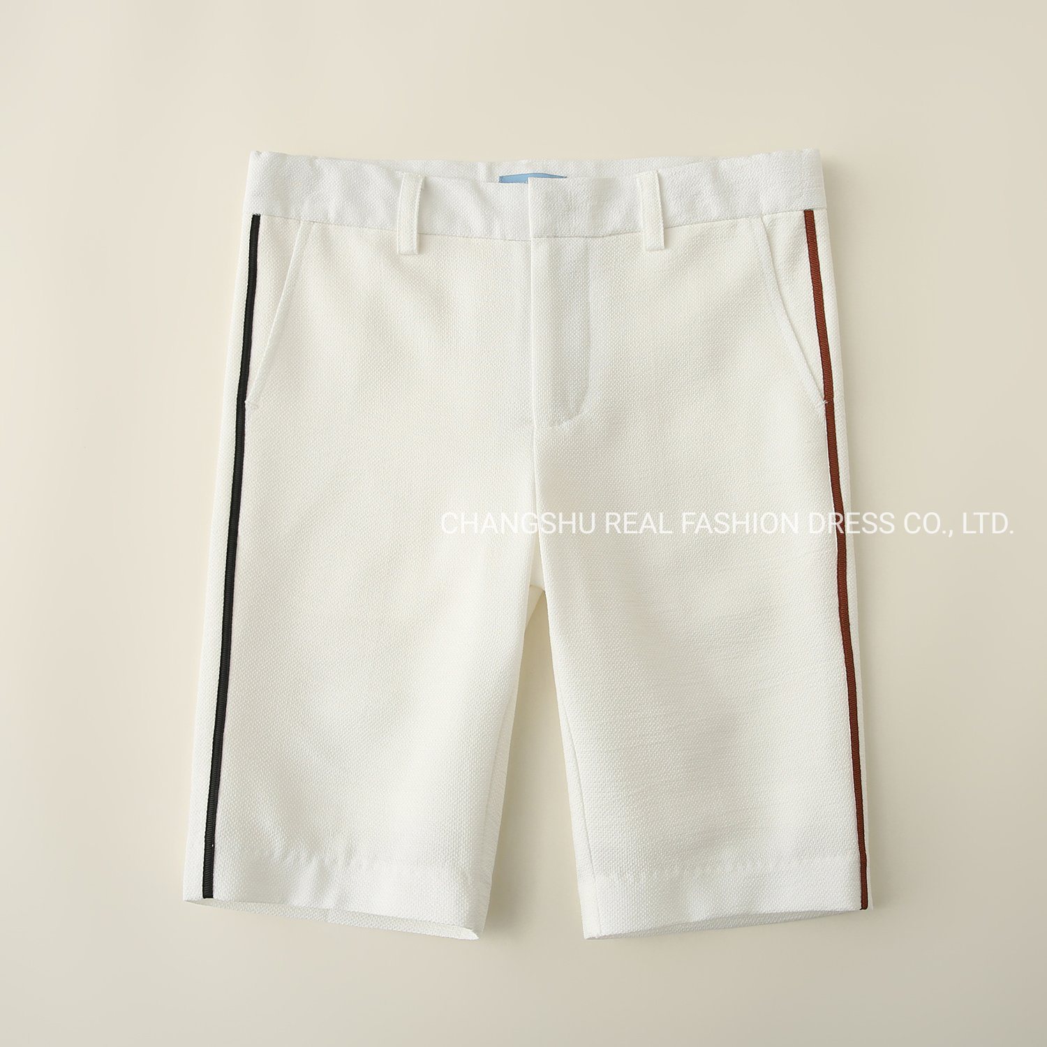 Boy Children White Pant Clothes with Brown Black Contrast Color Tape at Side