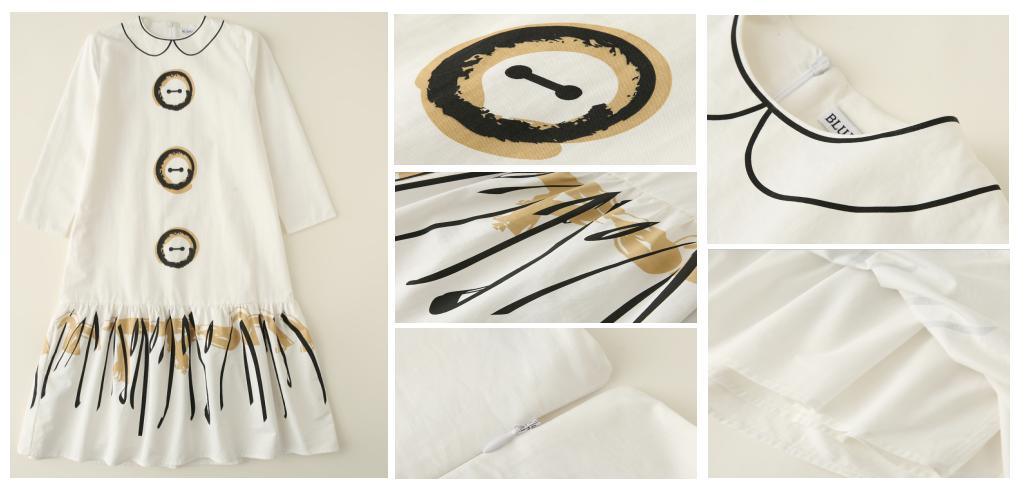 Girl Children 2022 Fashion White Dress Clothes with Brown Black Print Neck and Button