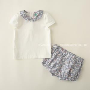 Boy Baby Suit Clothes Made of White Top with Back Snap Placket Print Collar Pant