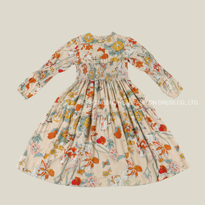 Girl Children 2022 Beige Ground Yellow Blue Red Flower Print Dress Clothes Made of Pleated Waistband