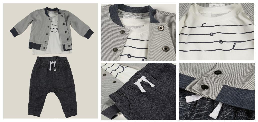 Boy Baby Suit Clothes Made of Grey Woven Jacket White Ground Stripe Print Knit T Shirt and Black Knit Pant