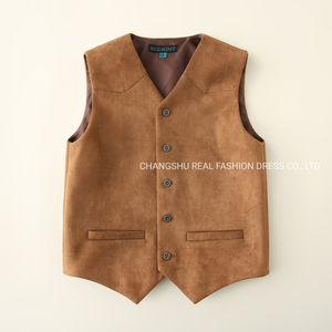 Boy Kids Brown Faux Suede Vest Clothes with Lining and Metal Button for Placket and Pocket