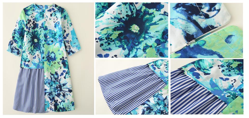 Girl Kids Clothes Blue Green Print Dress Clothes with Back White Invisible Zipper