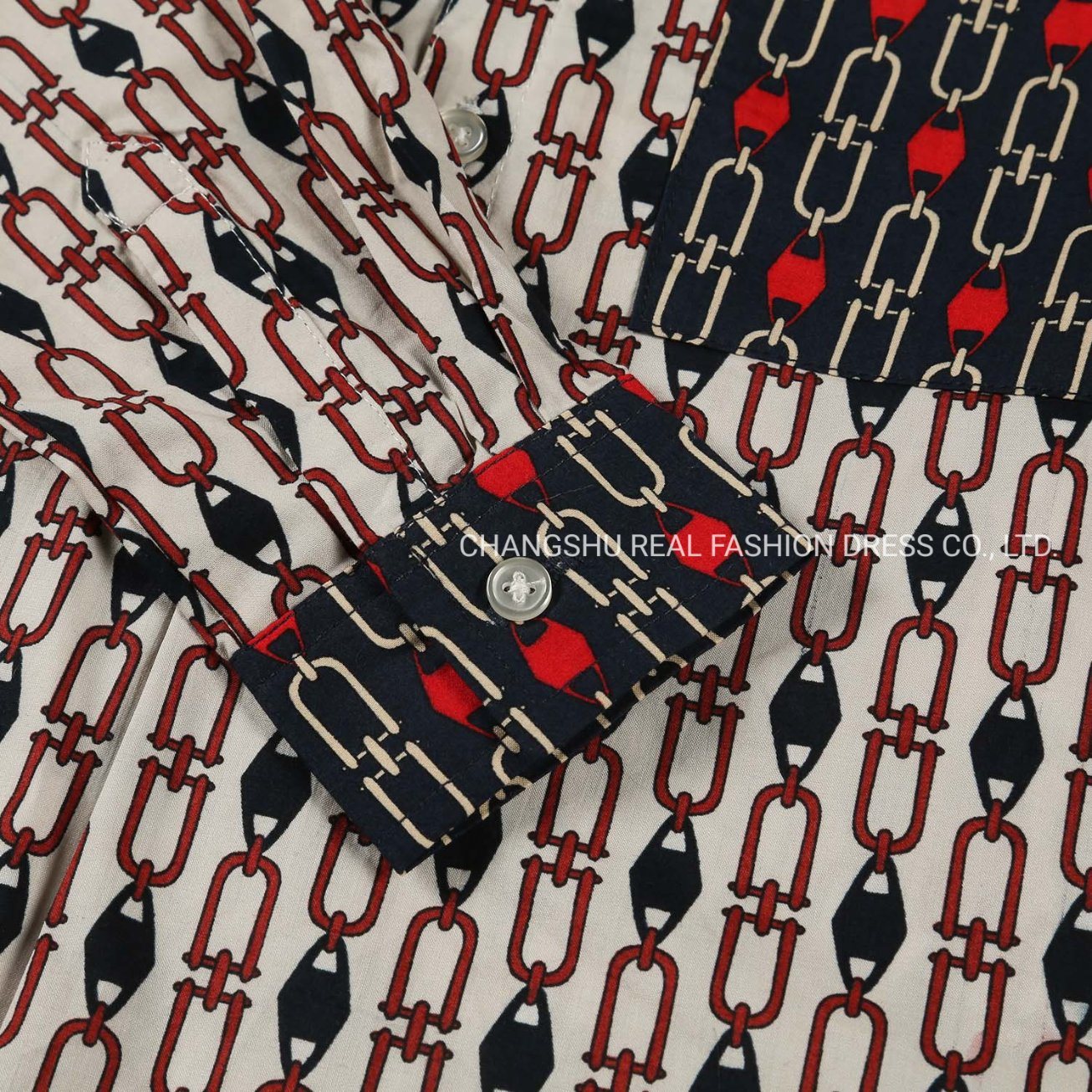 Boy Kids Woven Ivory Ground Fabric Customize Print Shirt Clothes with Navy Pocket and Cuff