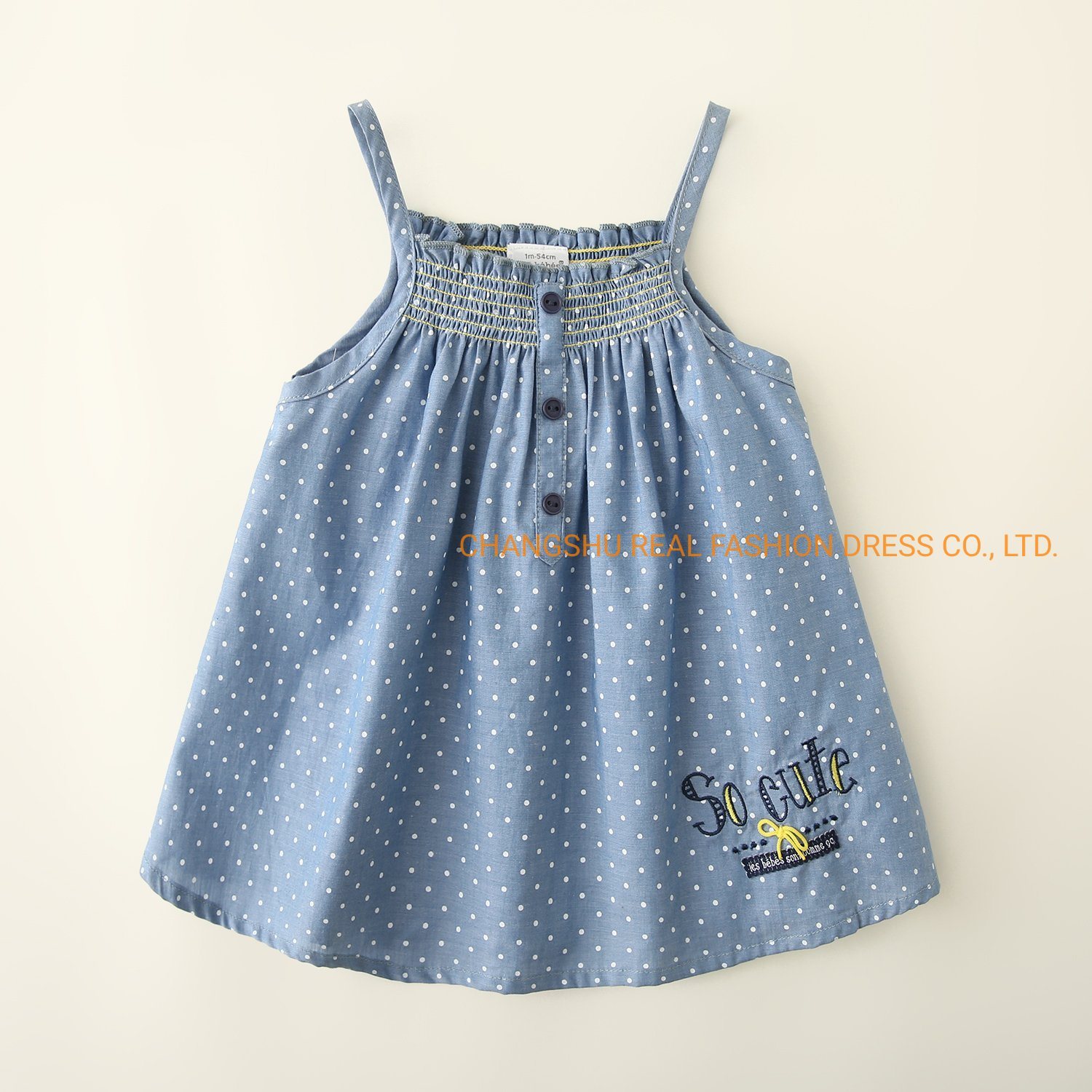 Children Clothes Girl Woven Denim Dress with Printed Dots and Embroidery