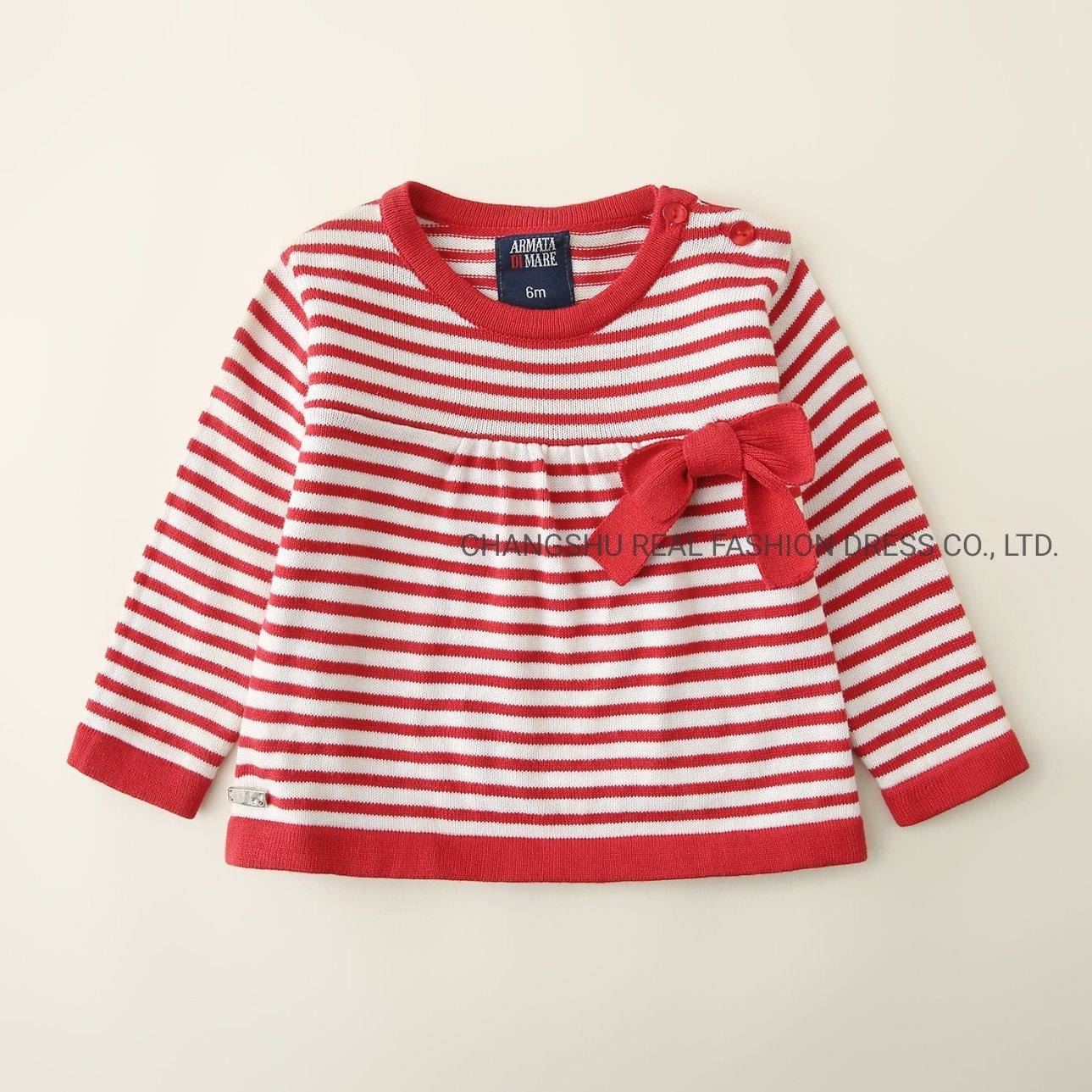 Infant Baby Clothes Girl Red White Sweater with Bow and Shoulder Snap