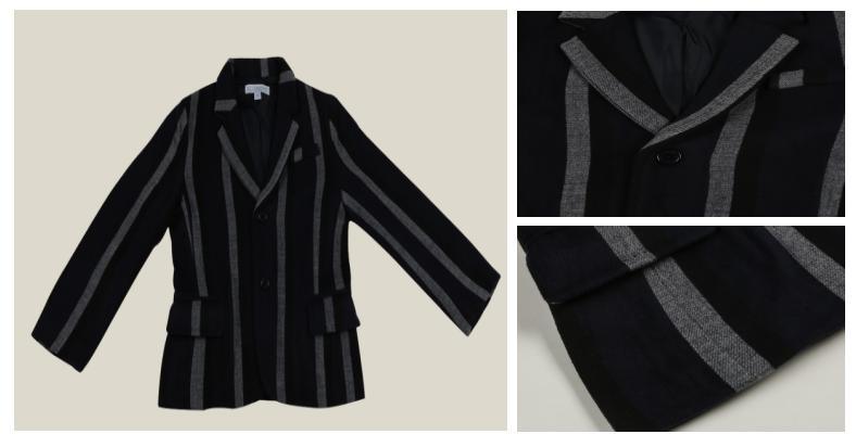 Kids Children 2022 Clothes Boys Knitted Black Ground Grey Stripe Blazer with Front Placket and Pockets