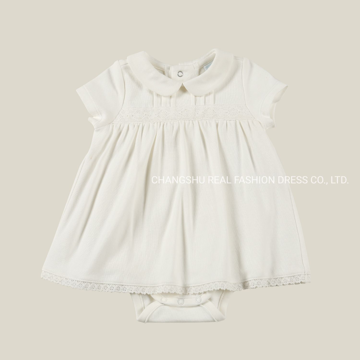 Newborn Baby Clothing Infant Girl Ivory Romper Wear with Embroidery Tape Trim