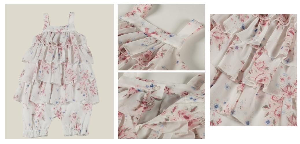 Infant Children Clothes Girl Baby Woven White Ground Flower Print Romper Wear with Ruffle