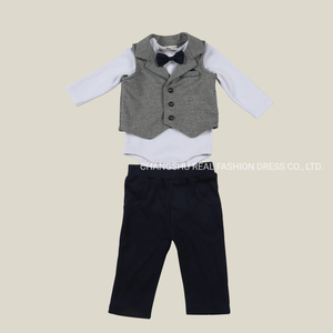 Boy Baby Black Swallow Vest White Romper Black Pant Suit Clothes with Tie and Snap Trims