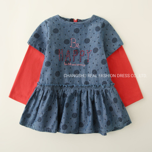 Children Nice Clothing Girl Kids Woven Dress Wear with Print and Studs