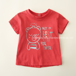 Boy Girl Kids Red T-Shirt Clothes with Grey Bear Print and Back Snap Placket