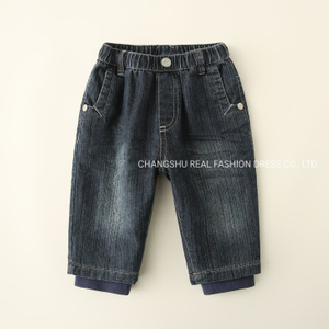 Boy Kids Denim Color Pant Clothes Made of Elastic Waistband and Metal Snap at Pocket and Rib for Hem