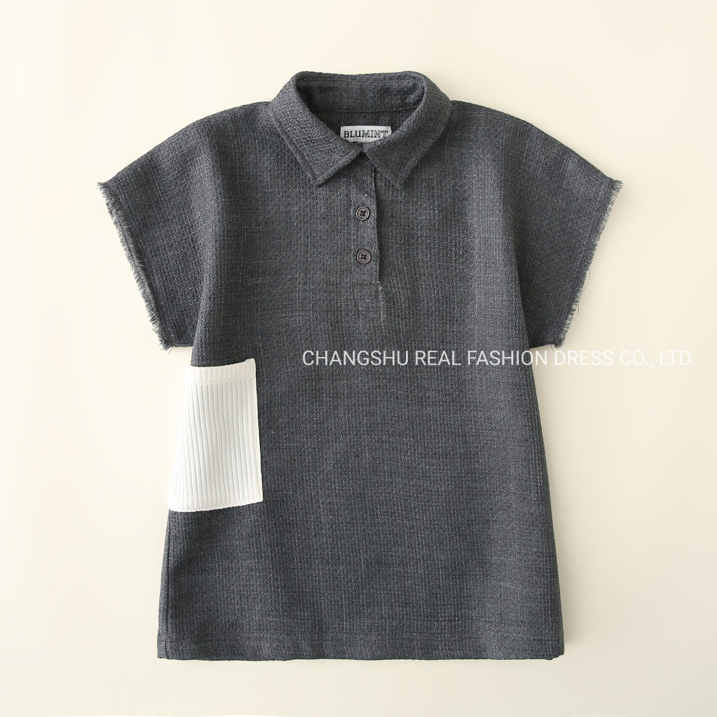 Boy Kids Dark Grey Linen Shirt Clothes with Contrast White Rib Fabric for Pocket