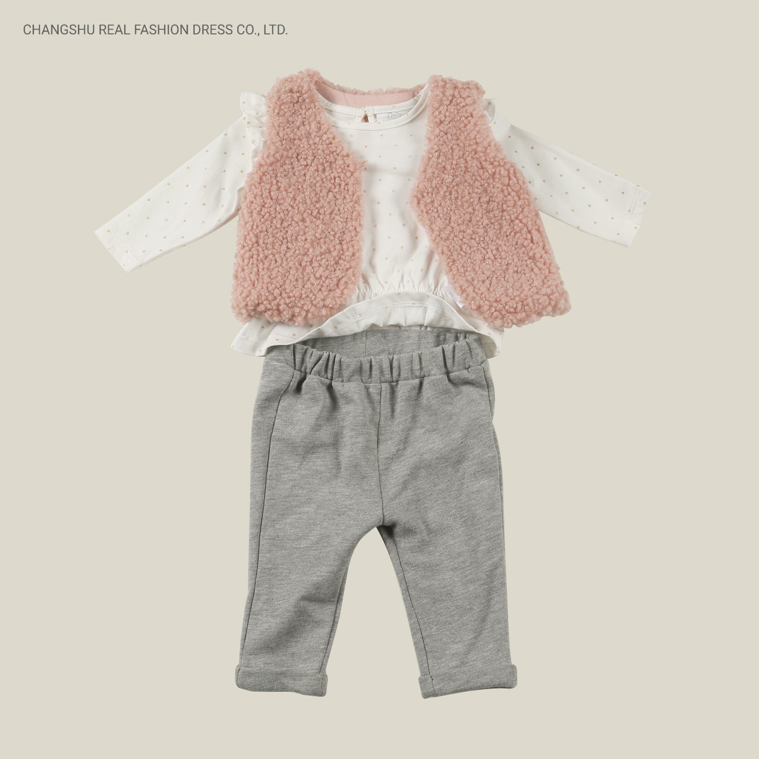 Newborn Baby Suit Wear Made of Pink Woven Vest and White Knitted Top with Gold Foil and Grey Pant