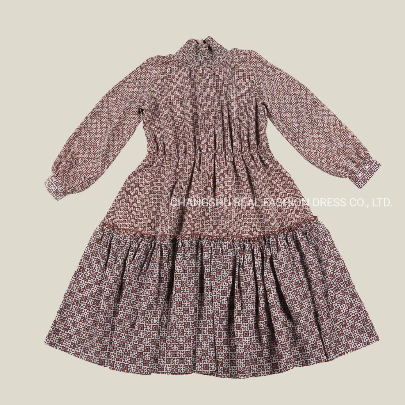 Toddle Children Clothing Girl Kids Woven Burgundy Print Dress Wear with Merrow Decorative Stitching