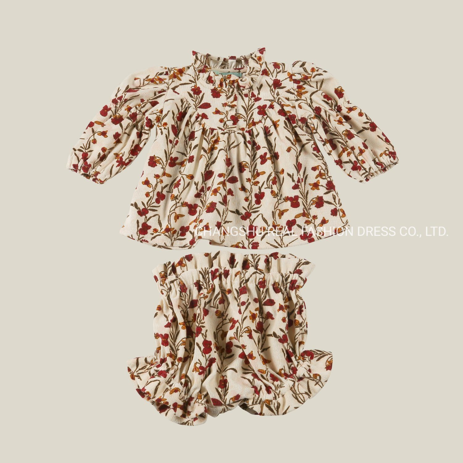 Girl Baby 2022 Pretty Suit Clothes Made of Top with Collar and Short with Tan Ground Flower Print