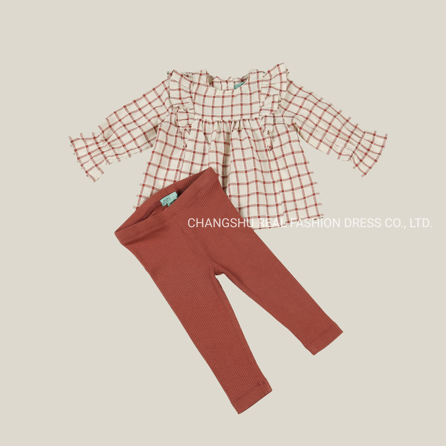 Children Clothes Infant Girl Baby Woven Rust Beige Plaid Top and Rust Legging Suit Wear