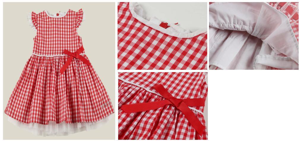 Baby Kids Children 2022 Clothes Girl Woven White Red Plaid Dress with Lining and Netting