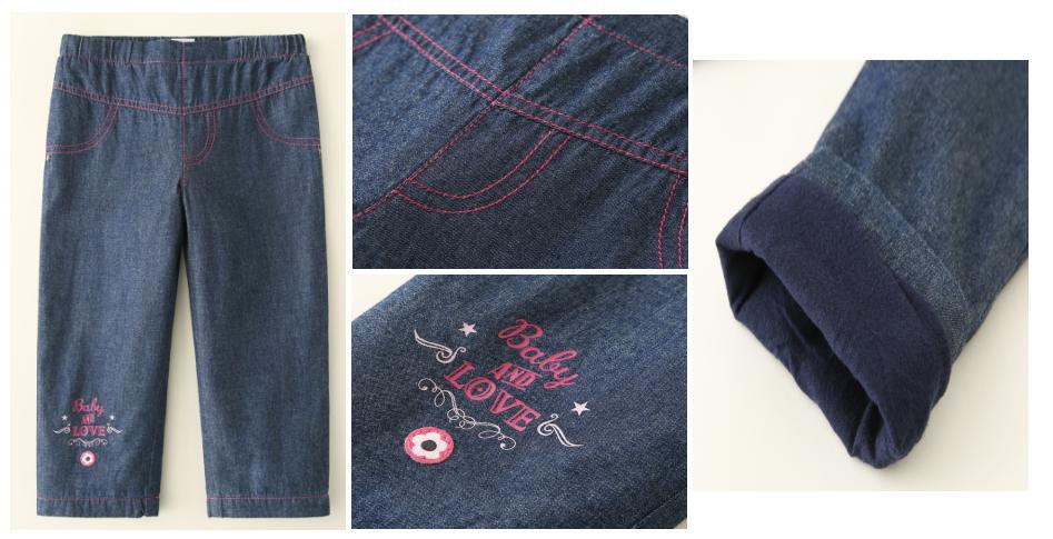 Girl Kids Denim Blue Pant Clothes Made of Print at Hem and Contrast Color Stitching