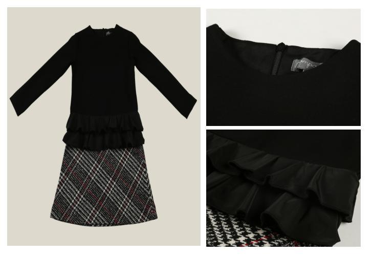 Girl Children Knitted Black Upper and Woven Plaid Dress Clothes with Invisible Zipper