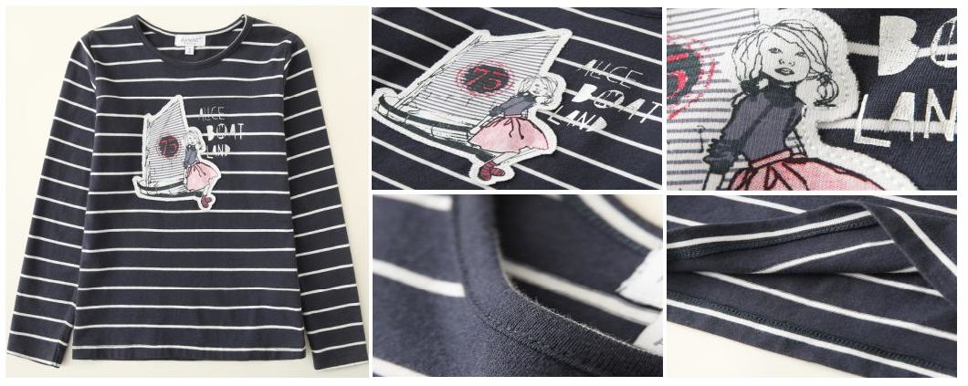 Children Fashion Clothing Girl Kids Black Stripe Shirt Wear with Applique and Print