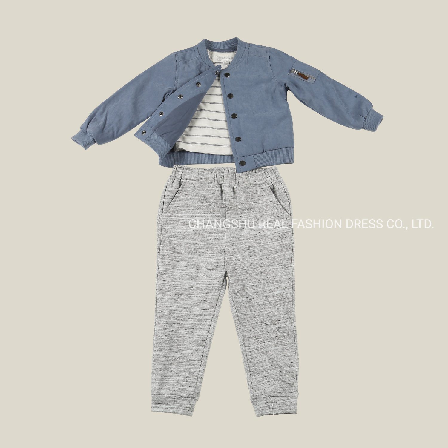 Boy Baby Fashion Suit Clothes Made of Blue Jacket with Snap Placket Ivory T Shirt with Print and Grey Pant with Elastic