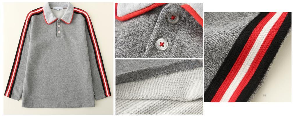 Boy Kids Grey Terry Shirt Clothes Made of Red Black White Stripe Tape on Sleeves with Front Placket