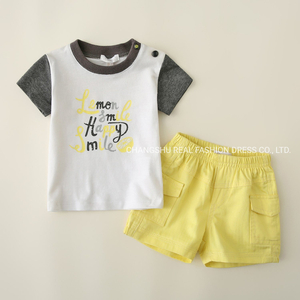 Infant Baby Kids 2022 Clothes Boy White Grey Top and Yellow Short Suit Clothes with Print