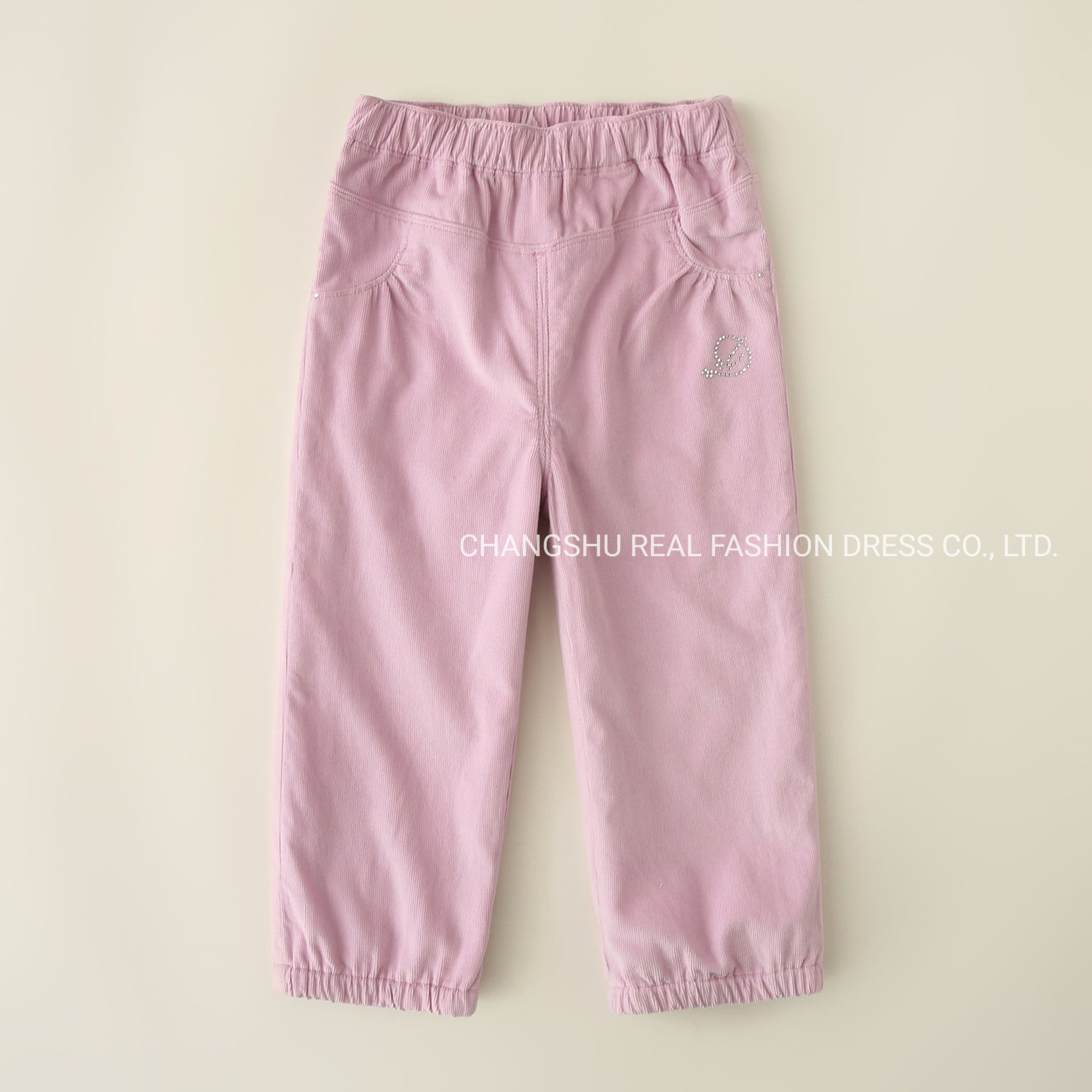 Children Clothes Girl Kids Woven Pink Corduroy Pant Wear Made of Elastic Waistband and Hem