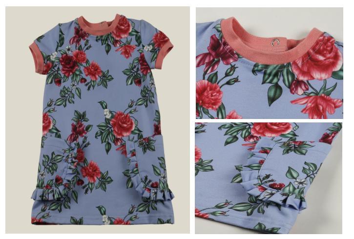 Children Clothes Girl Kids Knitted Blue Ground Red Flower Print Top Wear with Orange Neck and Cuff