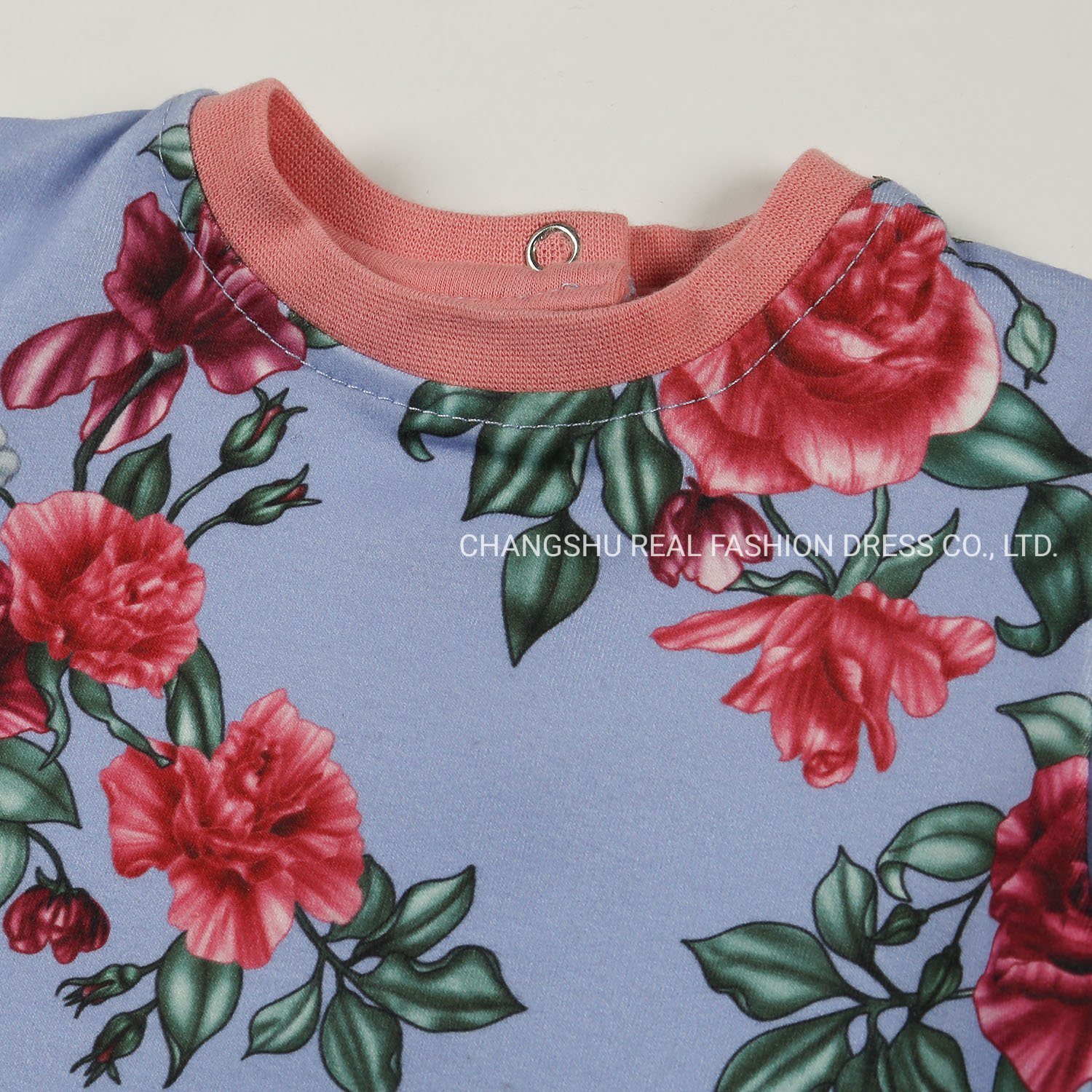 Children Clothes Girl Kids Knitted Blue Ground Red Flower Print Top Wear with Orange Neck and Cuff