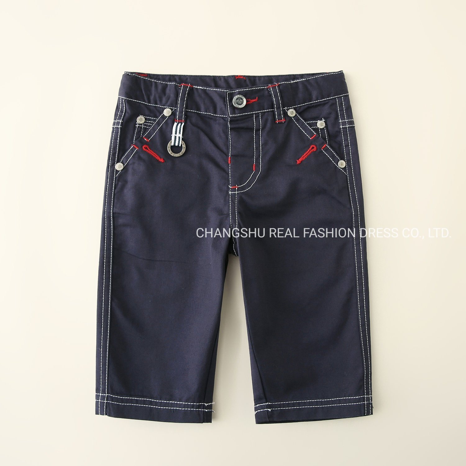 Boy Kids Navy Woven Straight Leg Pant Clothes Made of Decorative Metal Trims and Contrast Stitching