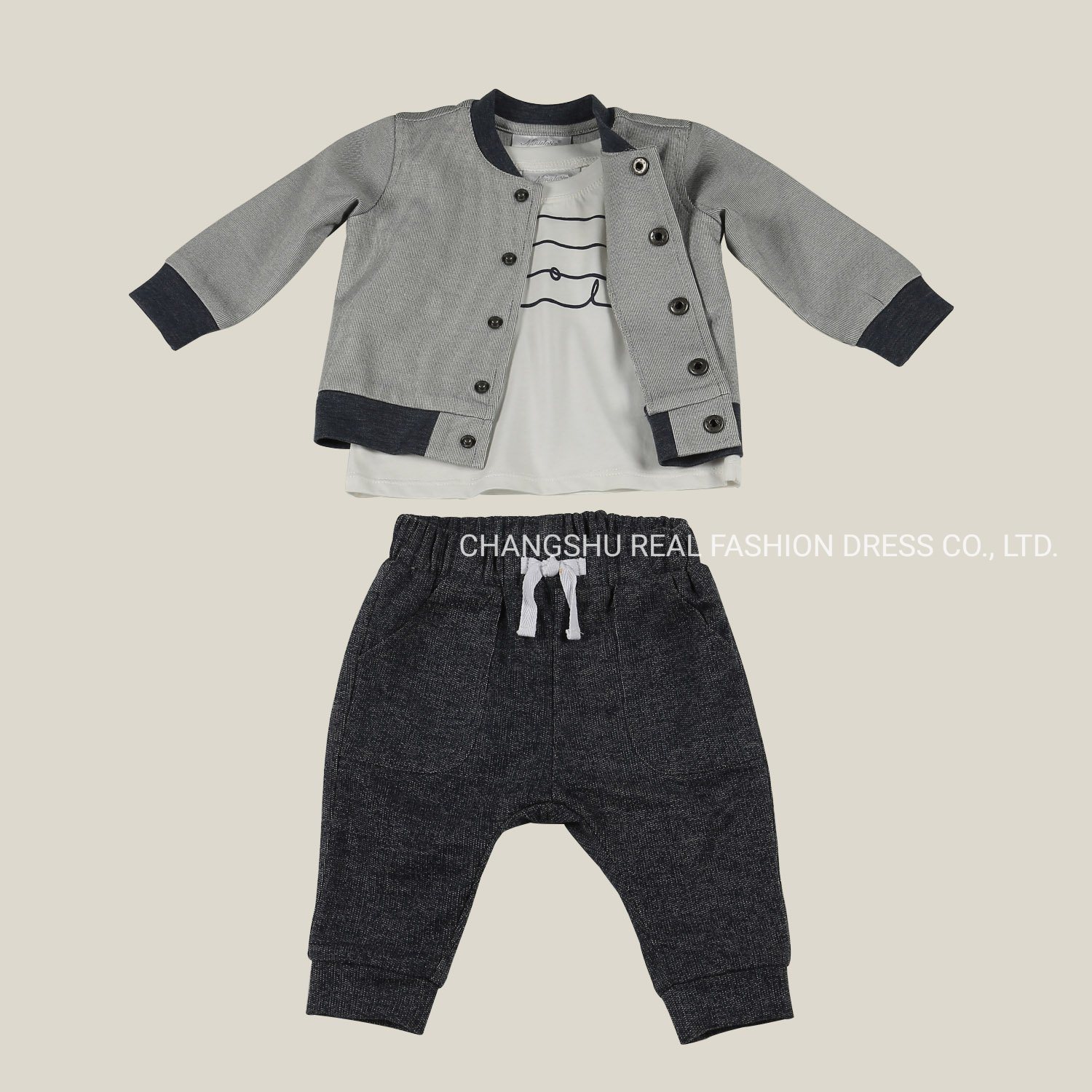 Boy Baby Suit Clothes Made of Grey Woven Jacket White Ground Stripe Print Knit T Shirt and Black Knit Pant