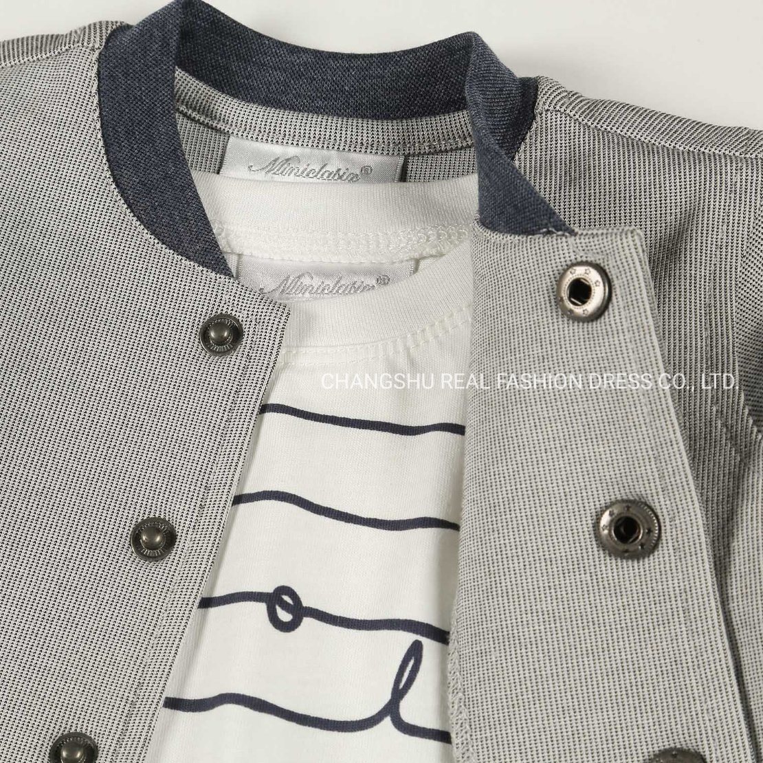 Boy Baby Suit Clothes Made of Grey Woven Jacket White Ground Stripe Print Knit T Shirt and Black Knit Pant