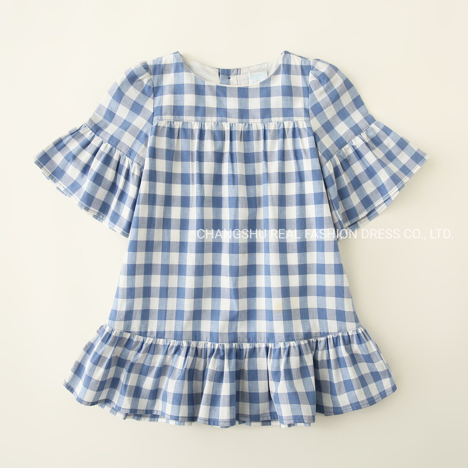 Girl Kids Blue White Plaid Dress Clothes with Pleat Hem Cuff and Cotton Lining