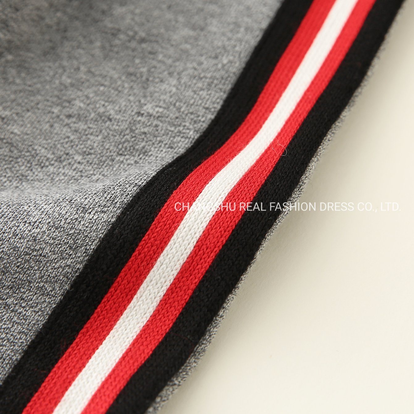 Boy Kids Grey Terry Shirt Clothes Made of Red Black White Stripe Tape on Sleeves with Front Placket