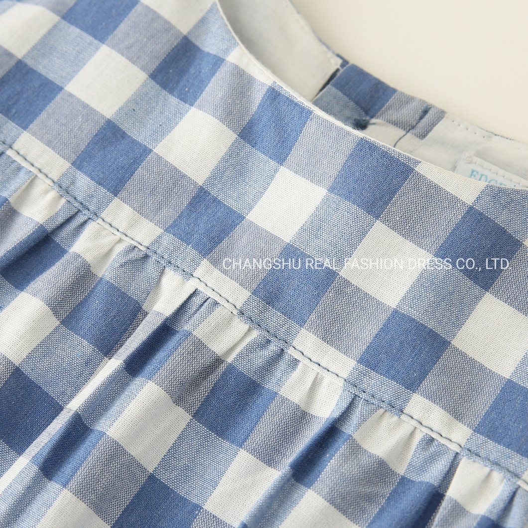 Girl Kids Blue White Plaid Dress Clothes with Pleat Hem Cuff and Cotton Lining