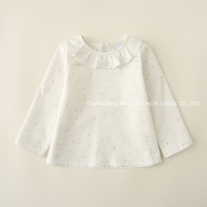 Girl Baby Ivory Ground Grey Pink Print Top Clothes with Ruffle Neck and Back Button Placket