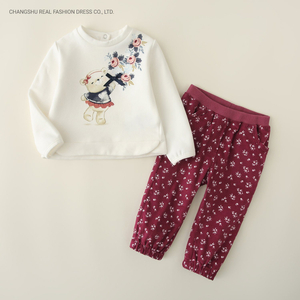 Girl Children Clothing Kids Knitted French Terry Top and Print Corduroy Pant Suit Wear