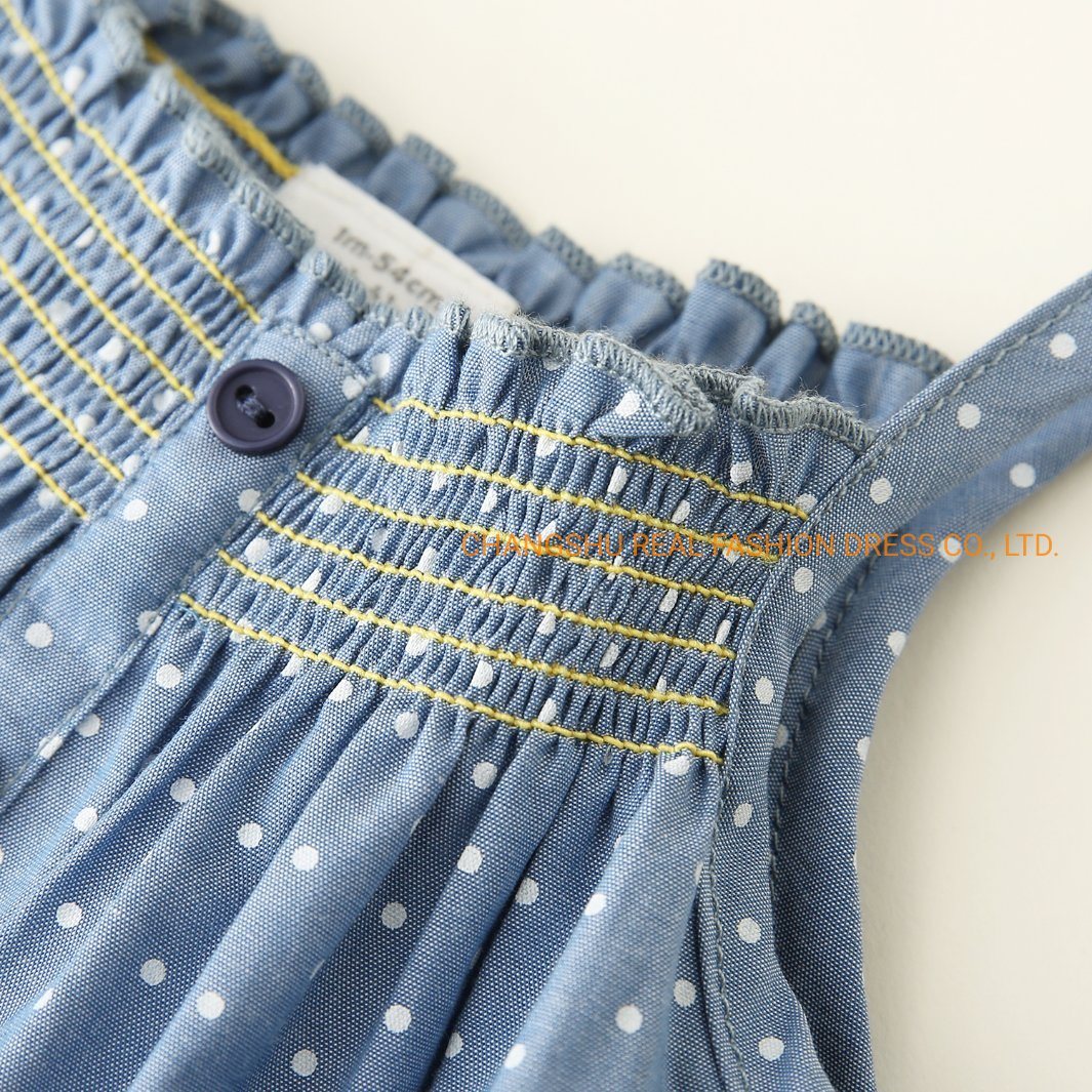 Children Clothes Girl Woven Denim Dress with Printed Dots and Embroidery