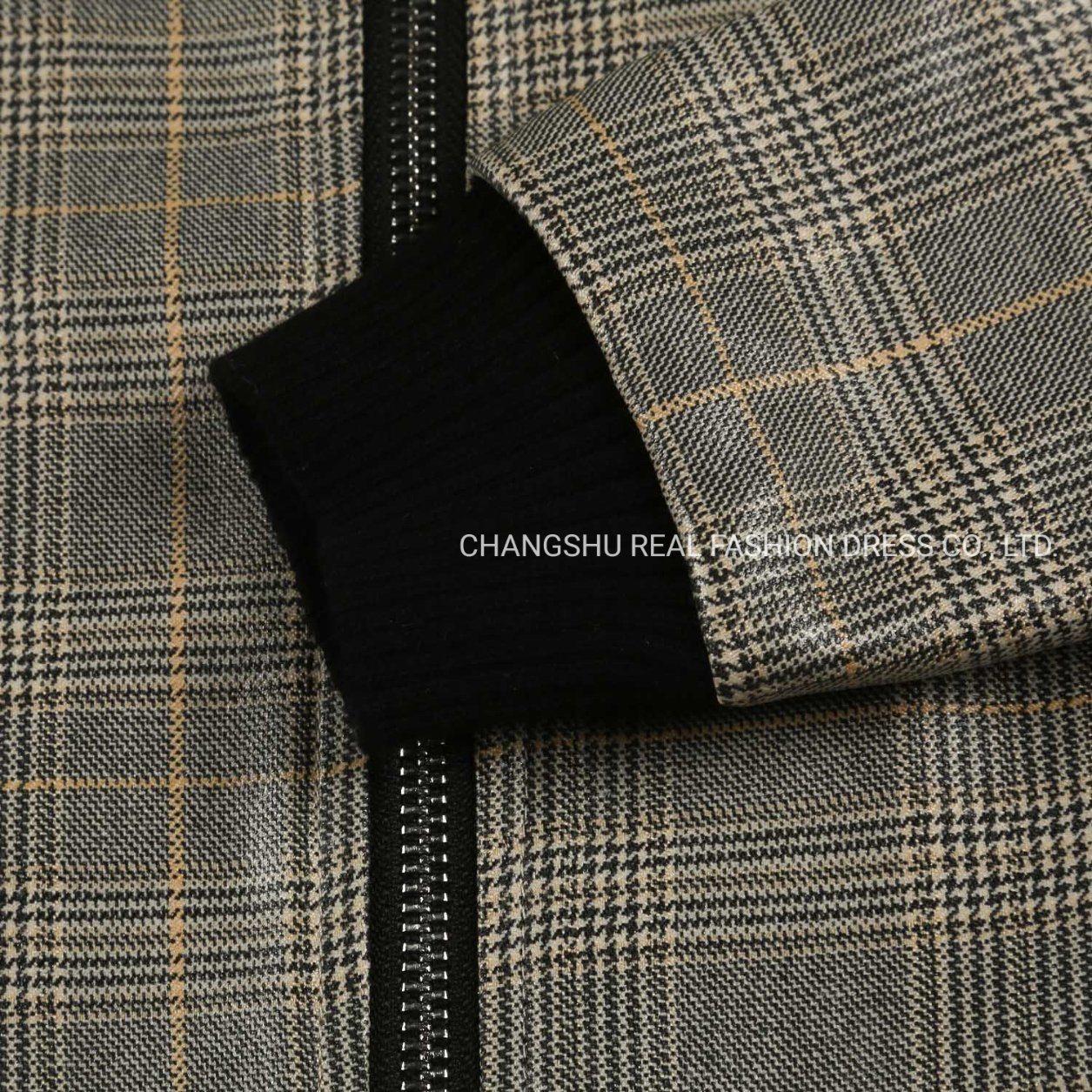 Children Clothes Boy Kids Woven Grey Yellow Plaid Jacket Wear with Black Rib Cuff Hem and Front Zipper