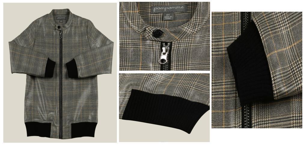 Children Clothes Boy Kids Woven Grey Yellow Plaid Jacket Wear with Black Rib Cuff Hem and Front Zipper